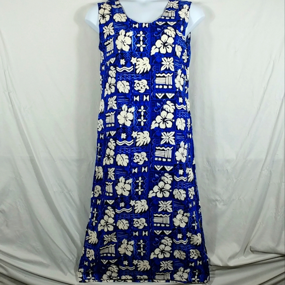REMI Women's Blue & White Hawaiian Florals Sleeveless Summer Midi Dress Size M